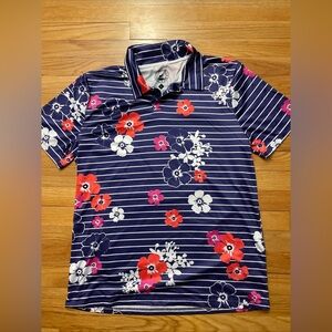 Proud 90 Men's‎ Navy & White Floral Polo Shirt Size L Short Sleeve